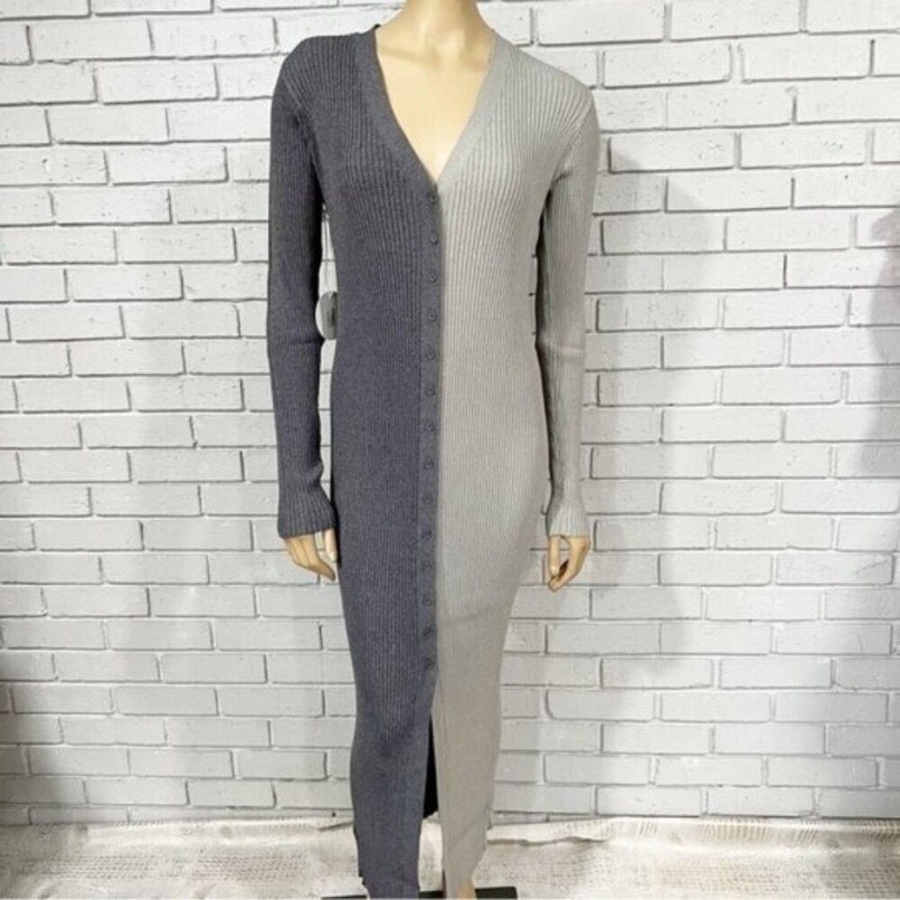 Staud Shoko Two-Tone Colorblock Ribbed Body-Con Midi Sweater Dress Grey NWT XL